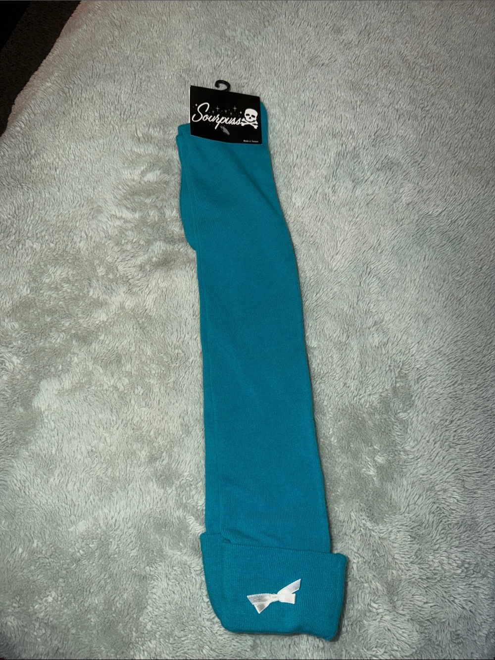 Sourpuss Teal Thigh-High Socks with White Bow Accent
